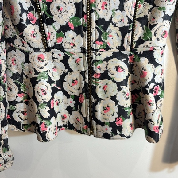 JUICE COUTURE Sz XS Lambskin Peplum Hem Floral Moto Style Jacket Mao Neckline - Picture 4 of 11